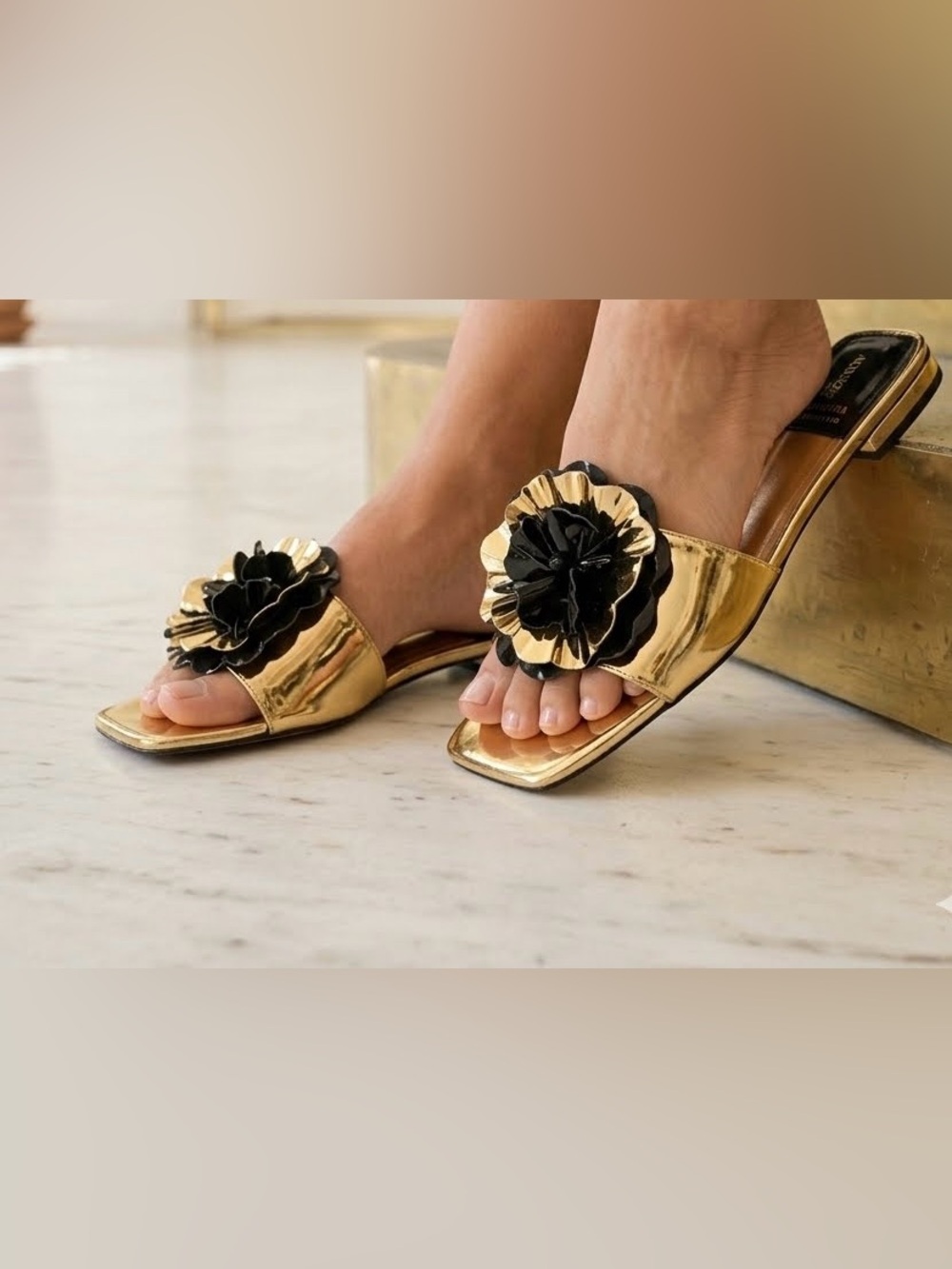 Jeffrey Campbell Bloomsday Gold Slide Sandals with Black Floral Accent